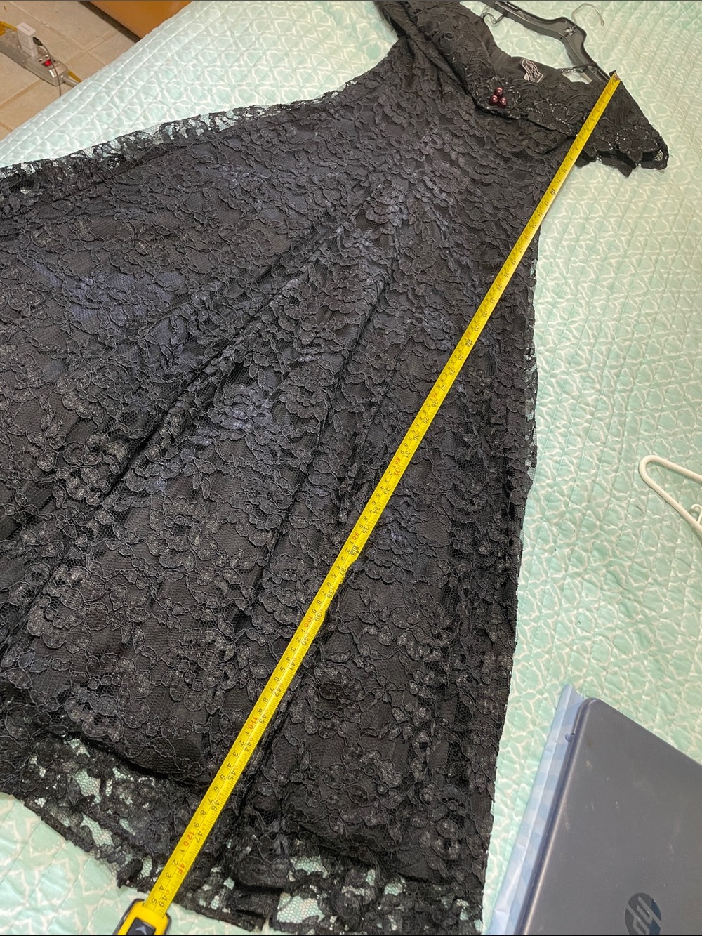 lace vintage off the shoulder, midi dress with purple pearl beading - Picture 9 of 9